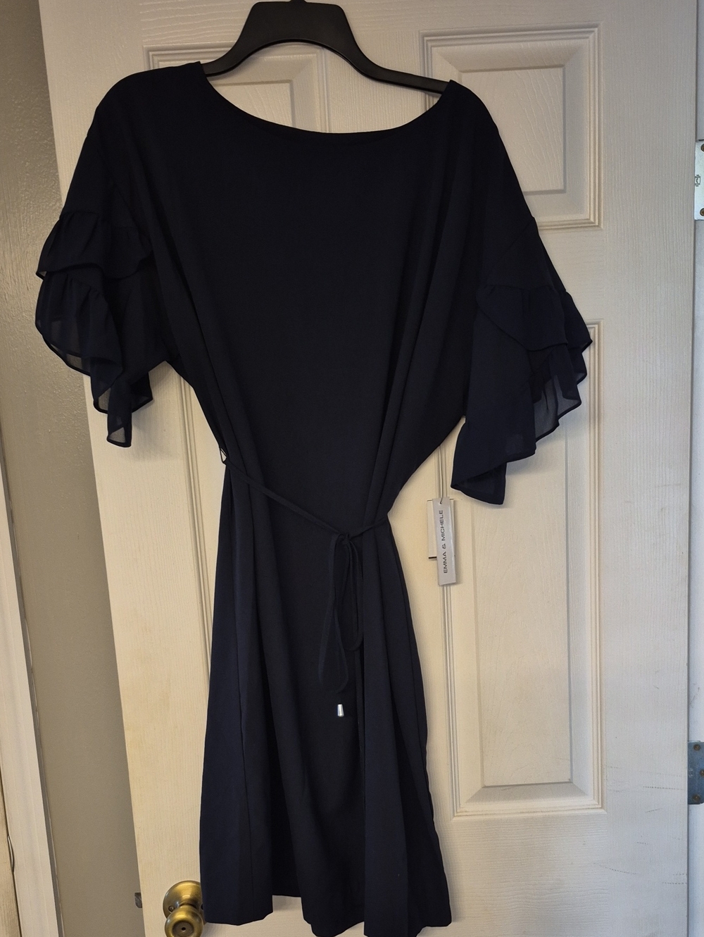 Emma & Michele Navy Blue Midi Dress with Ruffle Sleeves
